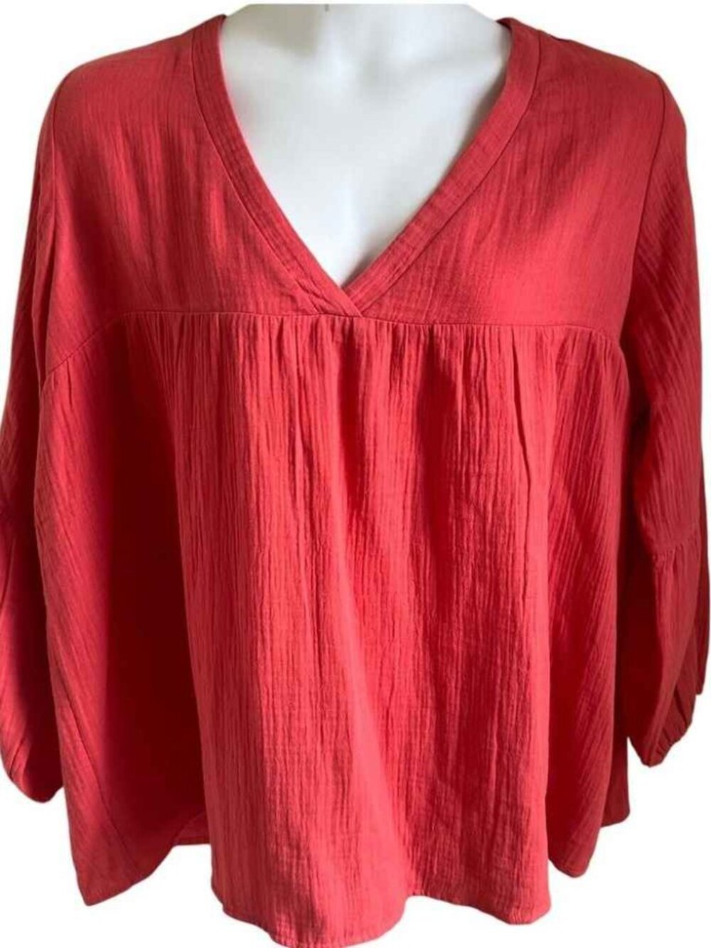 Coral Peasant Blouse 1X Cotton Gauze Boho Tunic  Flowy V-Neck